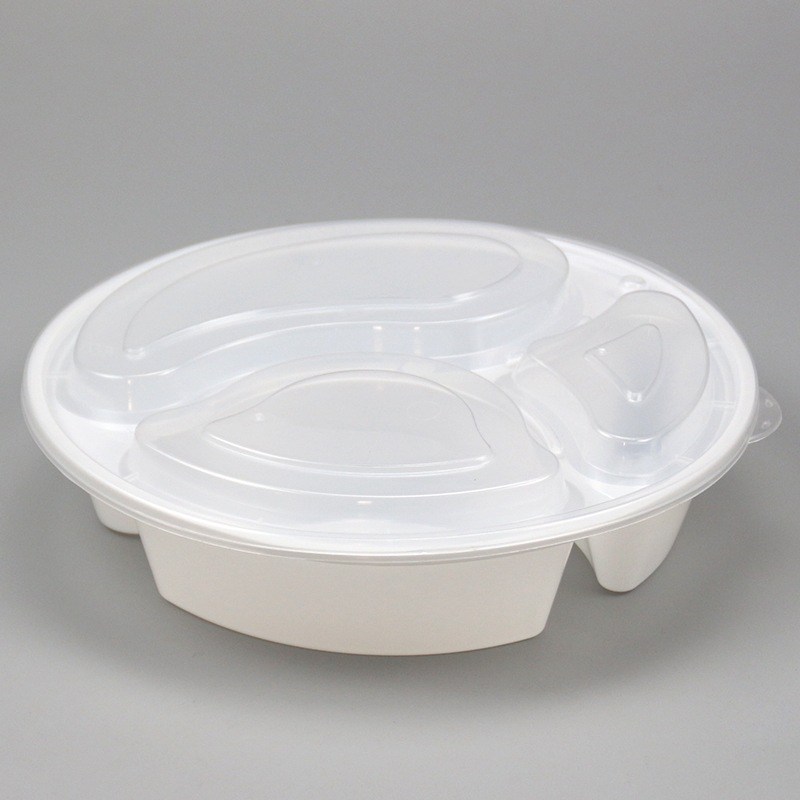 多用途一次性圆形餐盒三格塑料打包盒外卖饭盒便当盒1000ml快餐盒