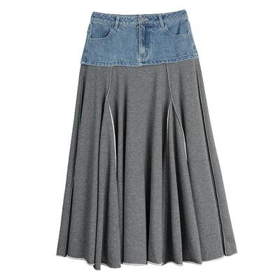 ELLE牛仔拼接针织半身裙
