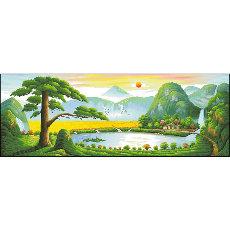 十字绣迎客松聚宝盆流水生财大格