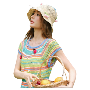 CLOUDSEASON草莓彩虹针织上衣 针织短袖女2026冬季新款时尚洋气