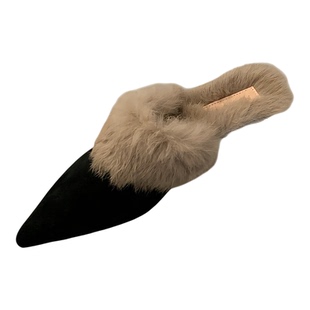 2025秋冬新款小猫跟尖头毛毛半拖鞋外穿包头真毛小矮跟穆勒包头拖