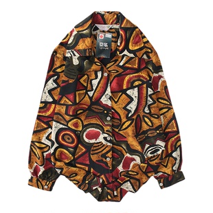 古着vintage复古日系气质港风衬衣法式宽松巴洛克长袖油画花衬衫7