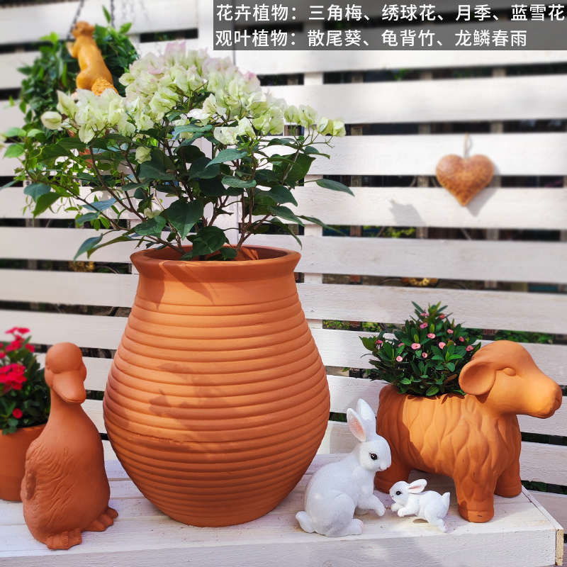 特大号红陶盆庭院栽花阳台种菜粗陶复古陶罐陶土青山花盆陶瓷花瓶