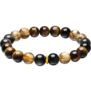 六桂福水晶手串黑曜石手饰足金小金珠虎眼石手链新年礼物