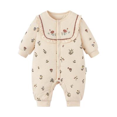 babylove女宝宝夹棉连体衣冬季纯棉哈衣爬服婴儿加厚棉服解语花