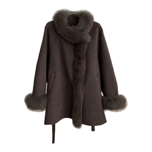 温妮千金！温柔风全羊毛双面呢羊绒大衣狐狸毛领皮草毛呢外套女冬