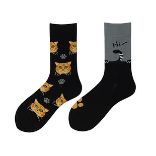 不会丢的袜子 AB鸳鸯中筒袜女ins潮左右脚小猫斑纹不对称情侣长袜