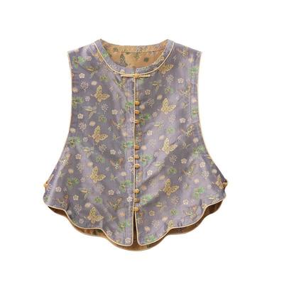 布符新中式新中式蜀锦马甲女双面2025年秋新款蝶翼碎花珠扣立领