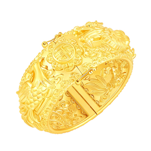 40mm霸气浮雕立体龙凤手镯新娘沙金镯子双扣仿三金婚嫁饰品道具女