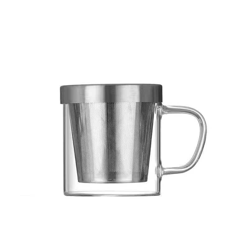 耐热茶水分离玻璃杯不锈钢茶漏办公水杯花茶杯大容量带盖带把杯