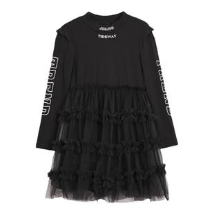 jojo童装女童秋装长袖连衣裙中大童宽松薄款个性时髦网纱公主裙酷