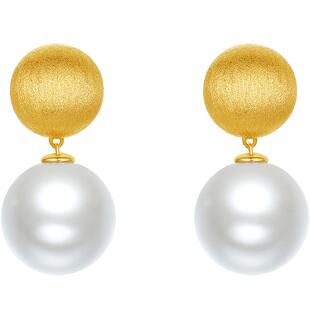 周六福珍珠耳饰女贝珠S925银黄金色几何耳钉复古少女耳环新年礼物