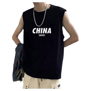 纯棉背心男潮牌夏季外穿运动跨栏马甲薄款ins宽松坎肩印花无袖t恤