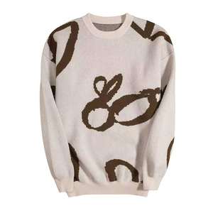 明星同款男士纯羊绒衫圆领加厚奶白色提花针织衫宽松青年毛衣男潮