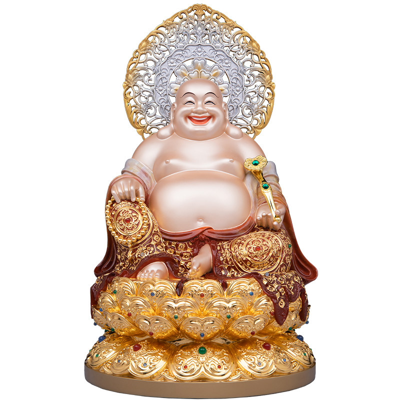 全堂佛铜像热着色橙色莲花座贴金镶宝观音三宝佛地藏王笑佛佛像