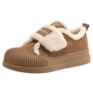 千百度休闲鞋女冬季新款圆头饼干底时髦加绒保暖软糯毛毛鞋女棉鞋