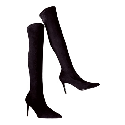 时尚过膝不掉筒绒面显瘦尖头细跟