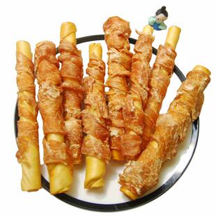 才3元一支工厂小刀! 纯鸡胸绕烟熏猪皮卷棒8支装约400g中大型犬