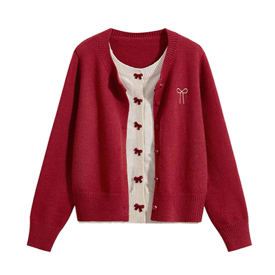 专柜韩系蝴蝶结红色假两件开衫毛衣女松弛感慵懒风针织衫休闲上衣