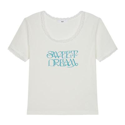 SLY 夏季新品甜美风蕾丝边字母圆领舒适短袖T恤030ISR90-3291