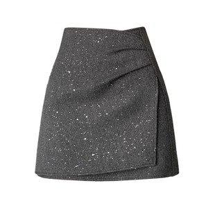 灰色亮片毛呢半身裙女秋冬款小个子短裙高腰显瘦不规则a字包臀裙