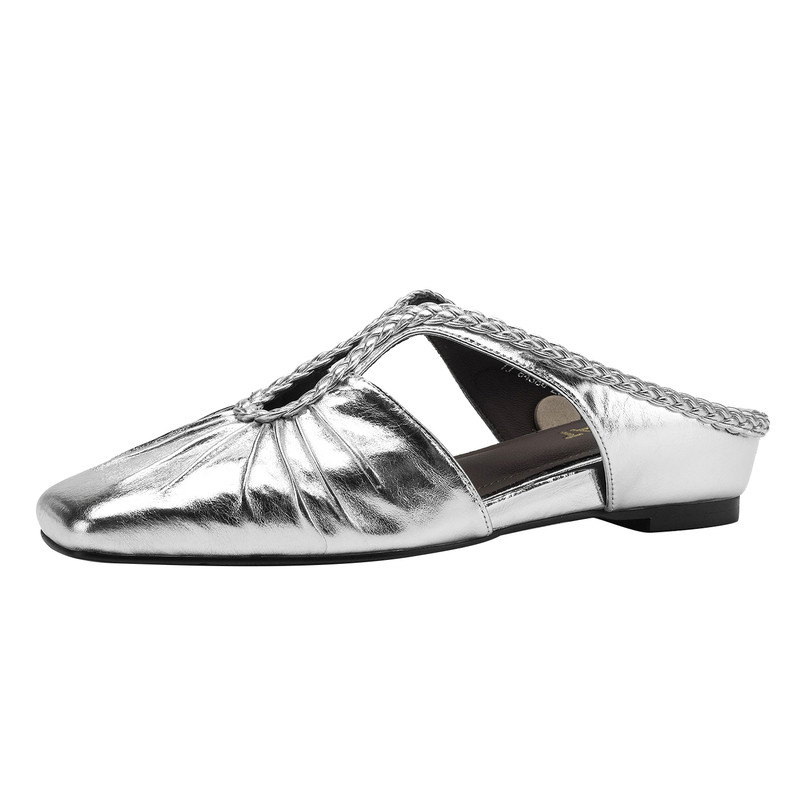 星期六真皮方头平底包头拖女鞋