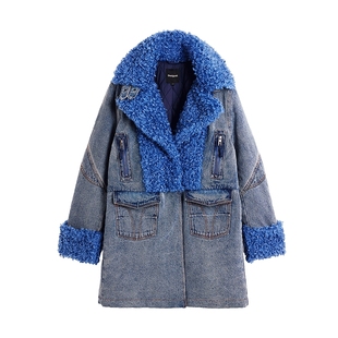 Desigual【博主同款】26春夏新品牛仔拼接羊羔毛装饰翻领女式外套