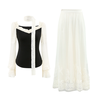 彼得潘大叔《山茶香金》法式蕾丝边装饰修身上衣立体花刺绣半裙