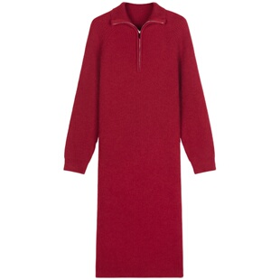 【清仓特价】红色高领针织裙女连衣裙拉链设计感中长款打底毛衣裙