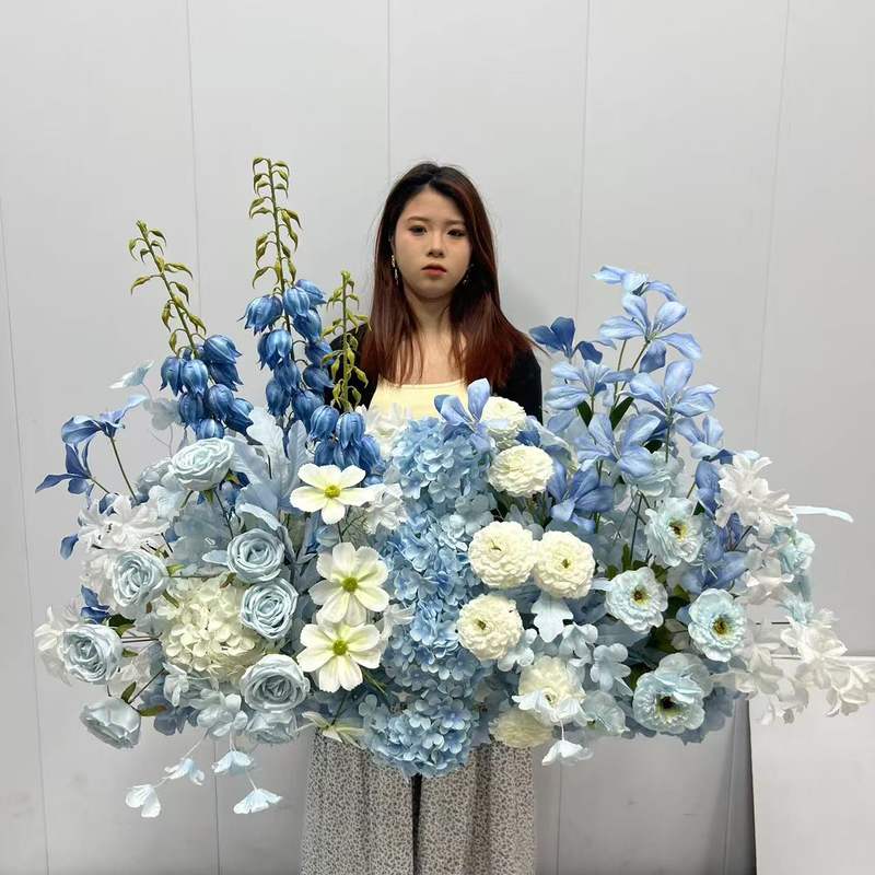 婚庆蓝色套系成品地排花路引花婚礼堂布置仿真绢花艺结婚路引装饰