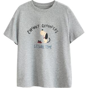 绿素棉 重磅290g加厚套头T恤女打底衫小狗狗数码印花基础棉质上衣