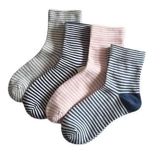 日系条纹松口袜女中筒袜子外贸出口日本无骨纯棉盒装简约春秋防臭