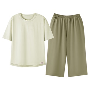 芬腾可安睡衣女款2026新款夏季纯棉女士短袖七分裤夏款浅绿家居服