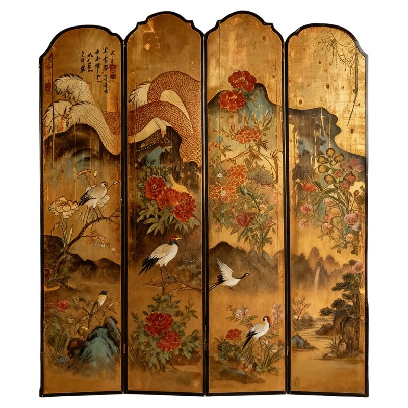 新中式花鸟画折屏四扇折叠屏风