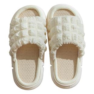 泡芙亚麻拖鞋女高端四季室内厚底居家月子鞋棉麻踩屎感棉拖鞋春秋