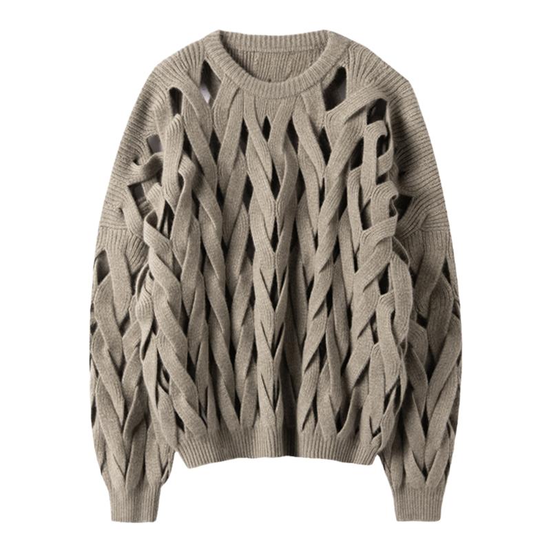 王炸秀场风范！大克重手工编织镂空造型羊绒衫女圆领纯羊绒毛衣厚