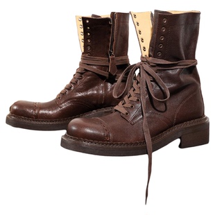 InkingPot彭姐 走秀款复古英伦风马丁靴女方头系带短靴真皮骑士靴