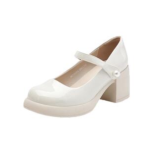 大东白色法式玛丽珍鞋女2026新款春季粗跟高跟鞋气质百搭单鞋女鞋