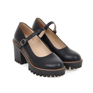 韩版JK校制服伪娘粗高跟皮鞋 圆头娃娃鞋扶她黑色cos