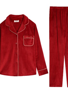 秋鹿【高级感】法兰绒情侣睡衣女秋冬加厚珊瑚绒枣红色家居服男