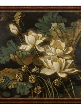 金荷映翠中古风白色荷花手绘油画花卉池塘客厅装饰画书房玄关挂画