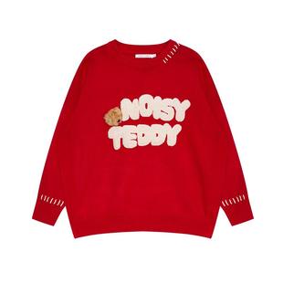 NOISY TEDDY25秋季新款可爱熊头字母女士圆领套头羊毛衫宽松百搭