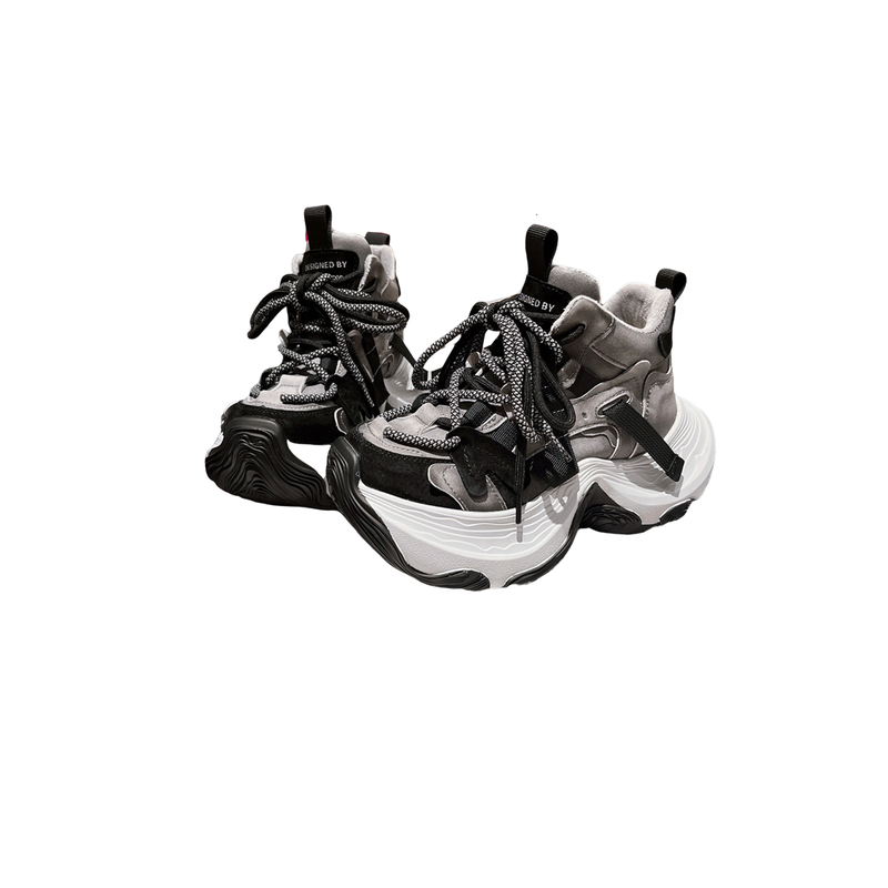 2025新款做旧系带厚底松糕小飞尾高帮鞋加绒小个子老爹鞋运动鞋女