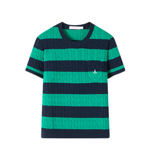 Navigare意大利小帆船夏季新款条纹针织海魂衫女绿色短袖圆领T恤