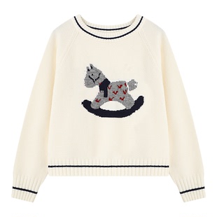 Basic House/百家好小马提花白色毛衣女宽松百搭圆领女士毛衫上衣