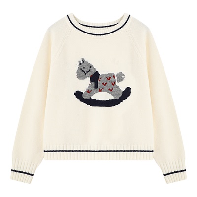 Basic House/百家好小马提花白色毛衣女宽松百搭圆领女士毛衫上衣