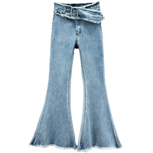 港风牛仔裤女喇叭裤2026年春季新款弹力高腰修身显瘦镶钻毛边长裤