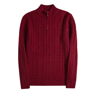 半高领拉链纯色喜庆男士纯羊绒衫冬季新款针织衫加厚麻花纹理毛衣