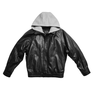 特叔新都灵羊皮真皮皮衣羽绒翻领港风男外套复古短款秋冬夹克帽衫