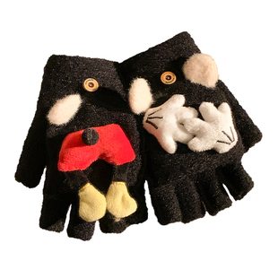 可爱米奇屁屁半指翻盖毛绒手套女冬天学生写字保暖防寒加绒加厚款